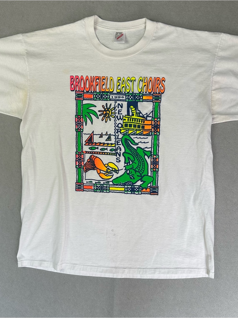 Jerzees White Short Sleeve Tee with Neon Carnival Graphic